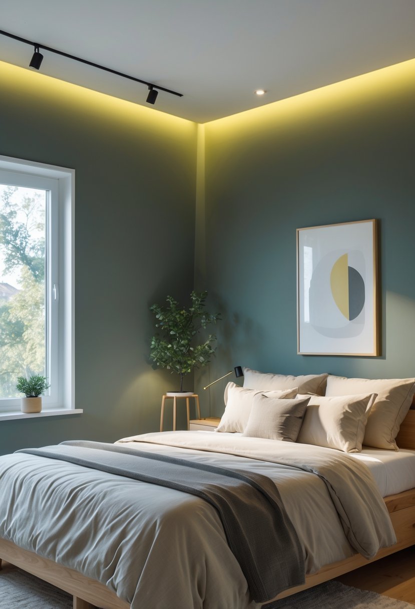 A bedroom with deep grey walls showing subtle yellow-green tones, a bed, wooden furniture, and a window letting in natural light.