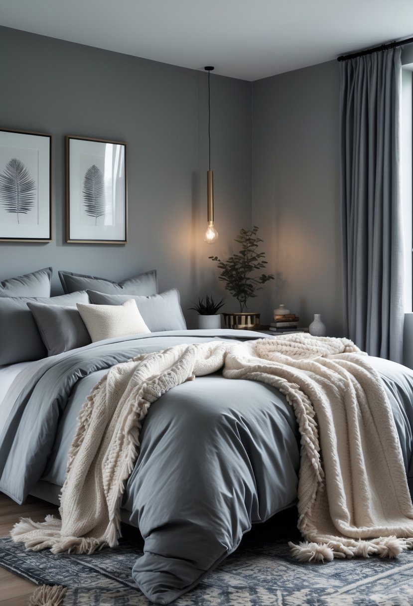 A bedroom with grey walls, a bed with layered throws, and a textured rug on the floor.