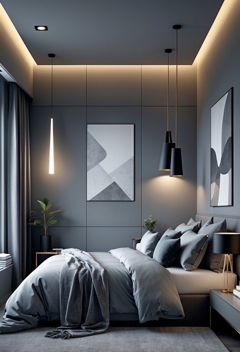 A bedroom with grey walls, a neatly made bed, modern lighting fixtures, and simple decor.
