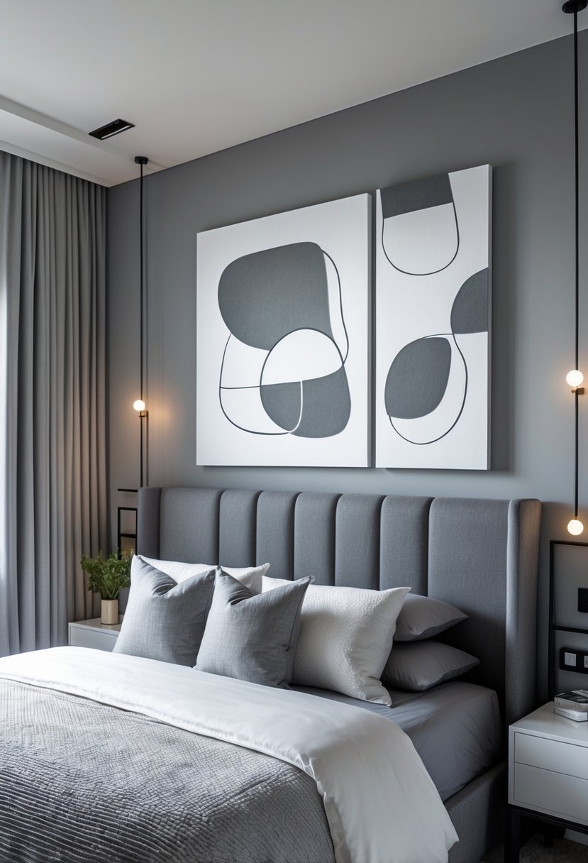 A bedroom with a tall grey headboard and white and grey art pieces above it, with grey walls and a neatly made bed.