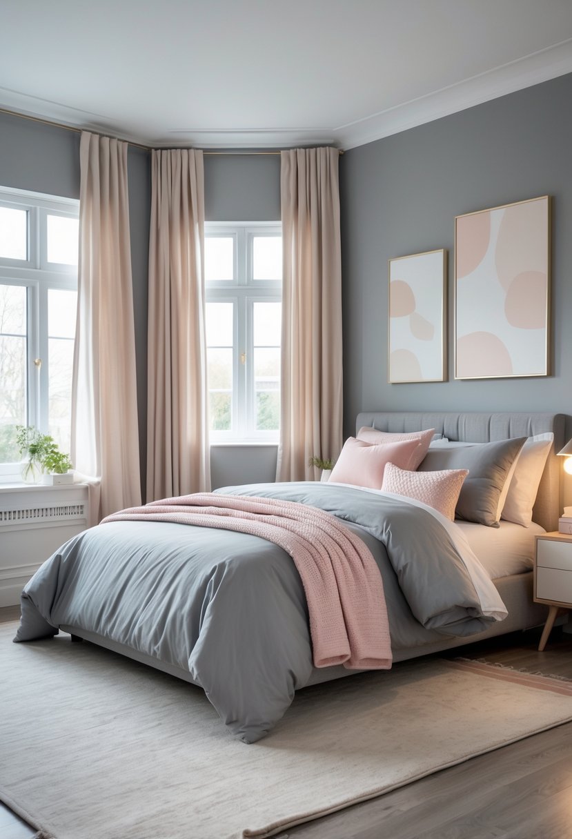 A bedroom with a grey color scheme accented by blush and beige tones, featuring a bed, curtains, artwork, and a nightstand with a lamp.