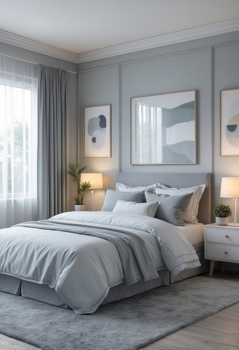 A calm bedroom with grey walls, a neatly made bed, bedside tables with lamps, a rug, and a small plant.