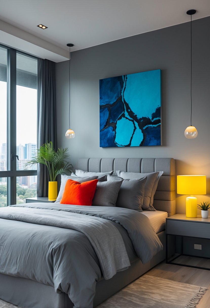 A bedroom with grey walls, grey bed linens, and furniture, featuring a bright red pillow and a colorful lamp as bold accents.