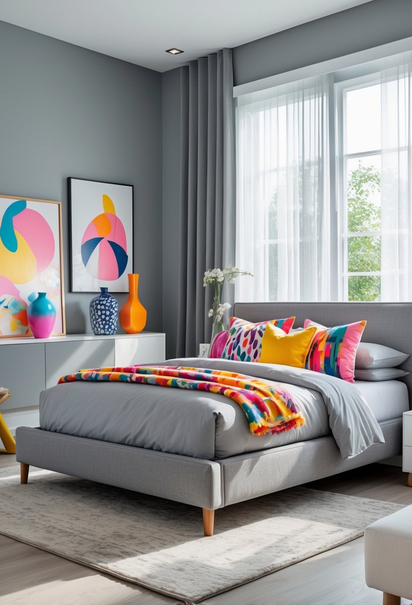 A bedroom with grey walls, a grey bed, colorful pillows, and decorative accents illuminated by natural light.