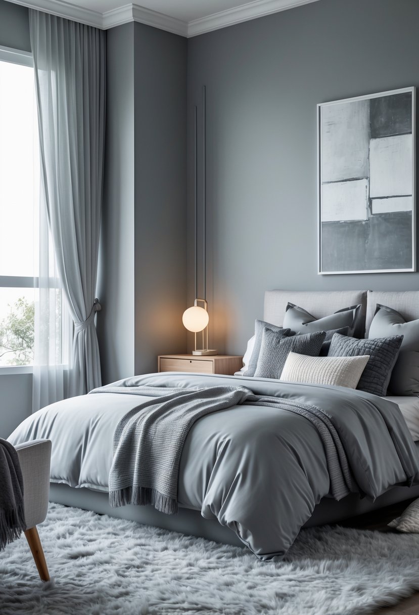 A bedroom with a queen-sized bed, grey bedding, grey walls, a nightstand with a lamp, a framed artwork, and a chair near a window.