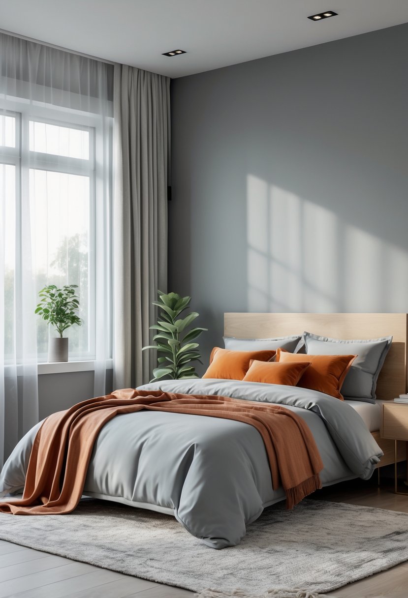 A bedroom with grey walls and bedding accented by orange pillows, natural light from large windows, a wooden bed frame, bedside tables, and a potted plant.