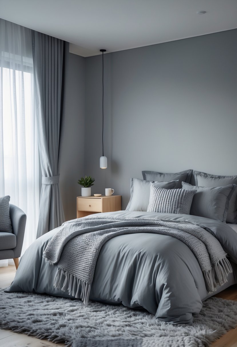 A modern bedroom with grey walls, a bed with grey bedding, a nightstand with a lamp and plant, and an armchair in the corner.