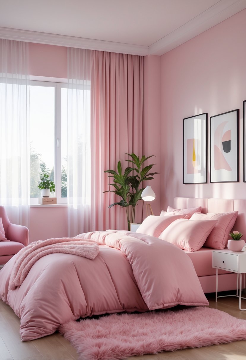 A pink bedroom with a made bed, pillows, a bedside table with a plant and lamp, a window with curtains, and a pink armchair.