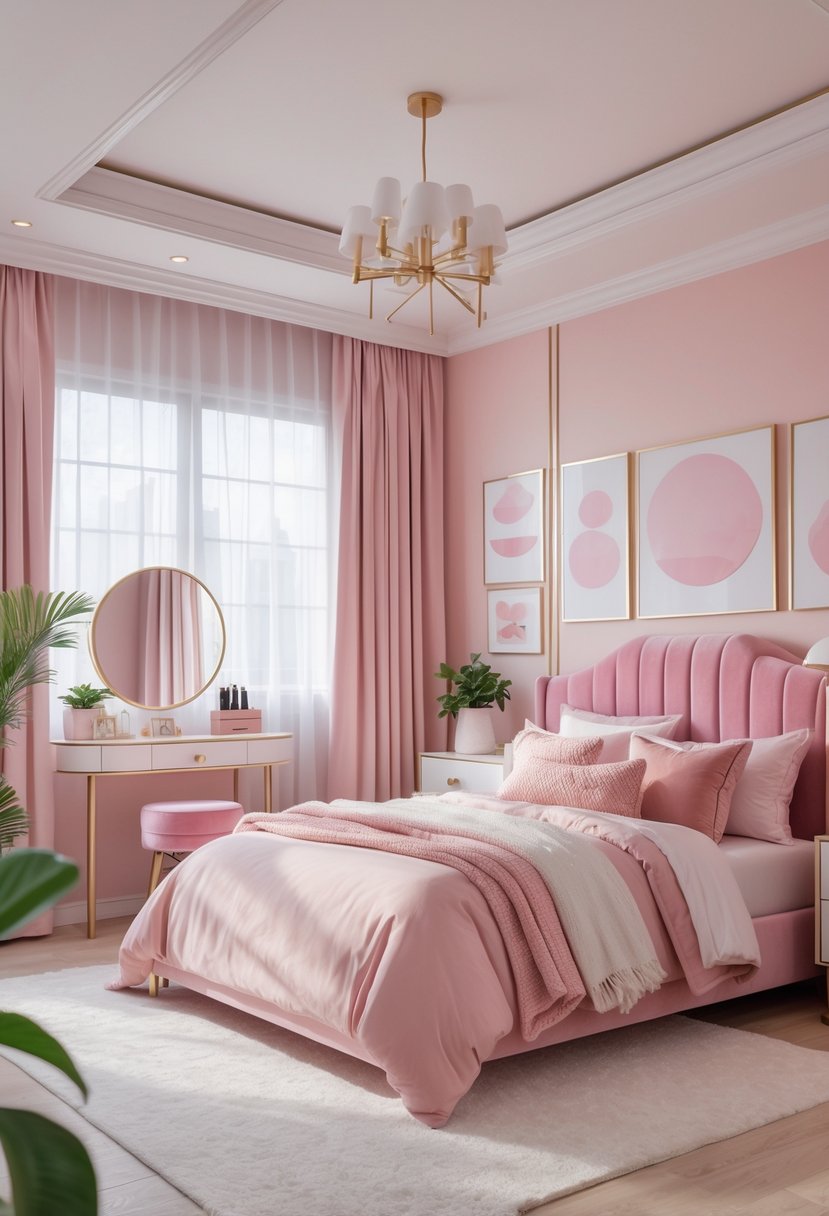 A pink bedroom with a queen-sized bed, soft bedding, natural light from large windows, a vanity table, and green plants.