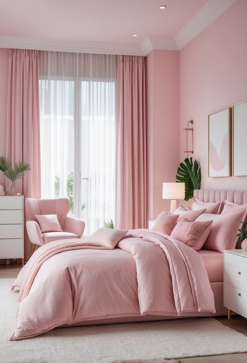 A pink bedroom with a bed, nightstand, armchair, and window letting in natural light.