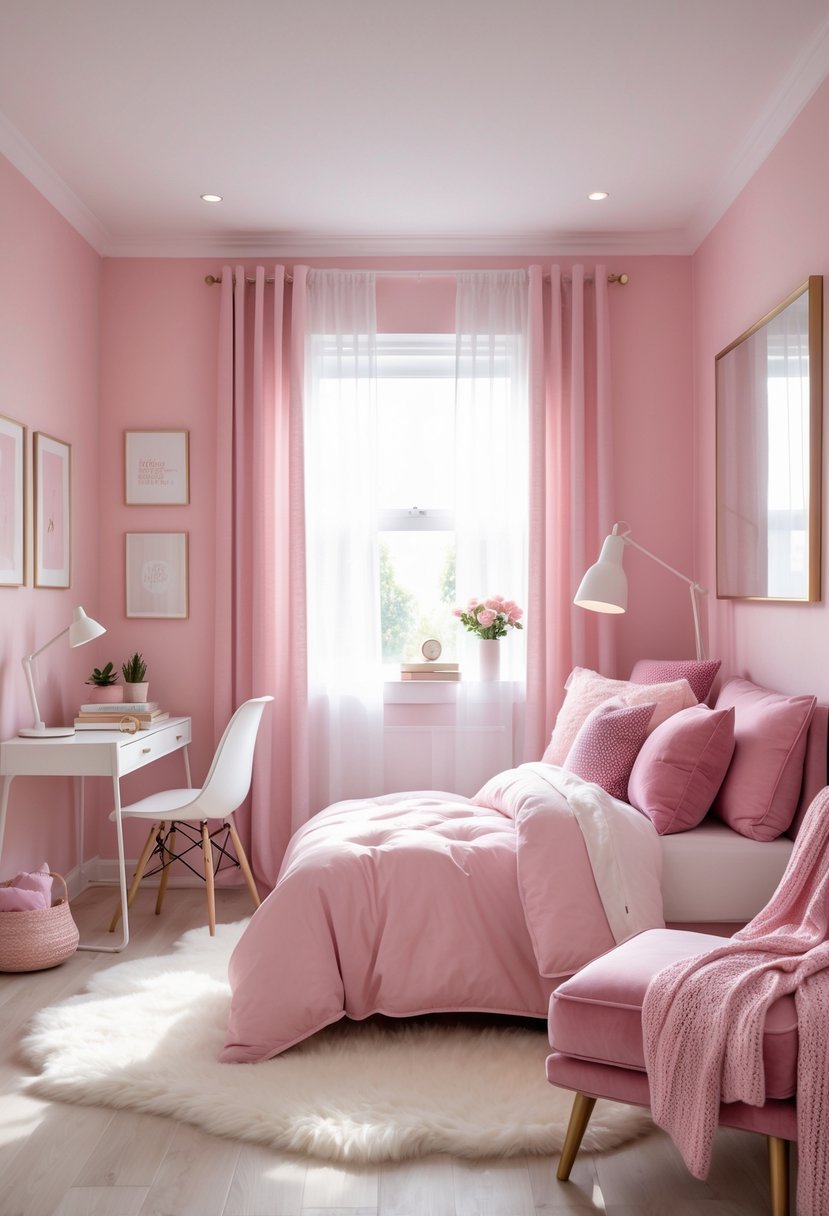 A pink bedroom with a twin bed, desk, armchair, and decorative items arranged to suit different ages.