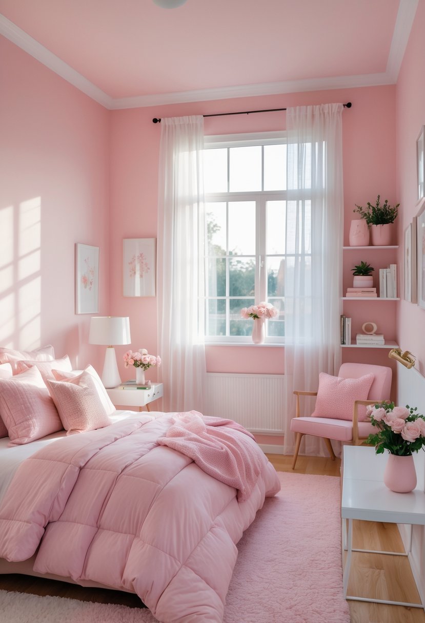 A bright pink bedroom with a neatly made bed, bedside table, window with sheer curtains, and cozy decor.