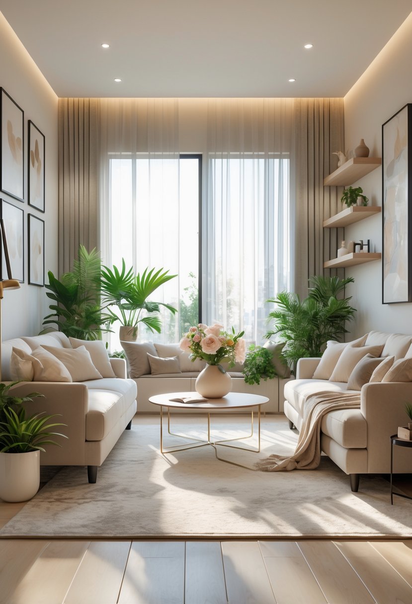 A bright living room with a sofa, coffee table, indoor plants, and decorative wall art.