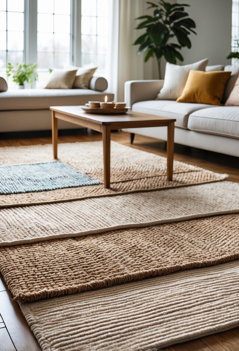 Living room with layered textured rugs on the floor, a sofa, coffee table, and natural light coming through windows.