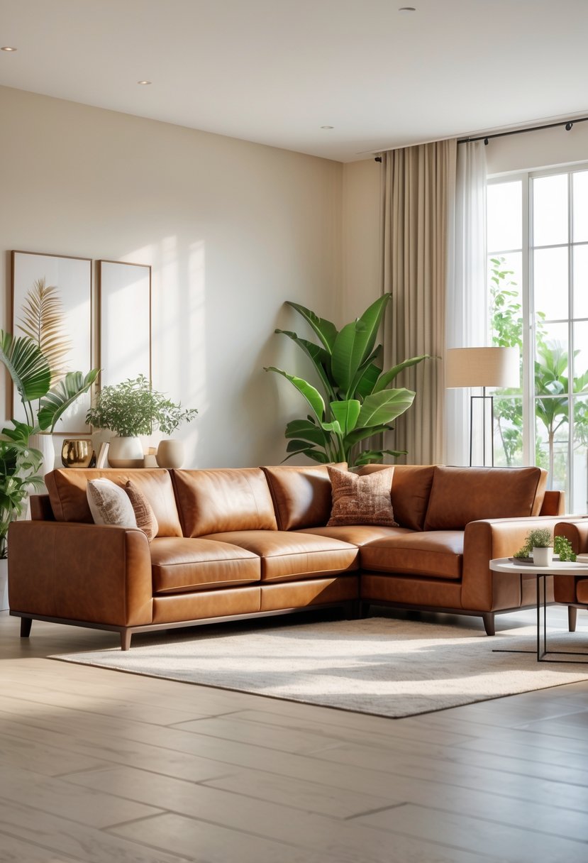 A living room with a large cognac leather sectional sofa, wooden floor, coffee table, and indoor plants.