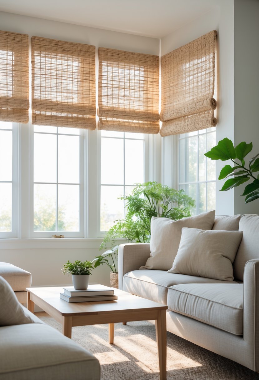 Living room with large windows covered by woven window shades, a sofa, coffee table, and indoor plants.