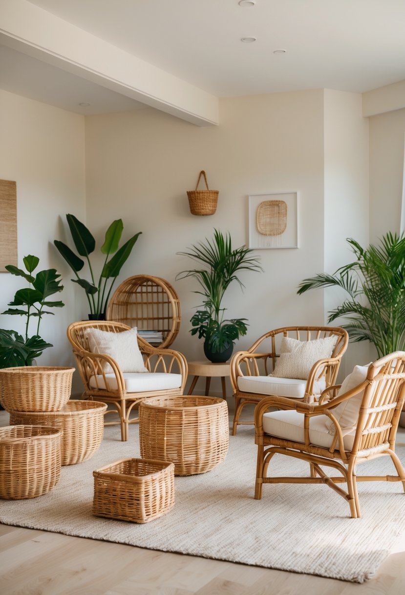 Living room with wicker baskets and rattan chairs arranged for seating and decoration, featuring plants and soft natural lighting.