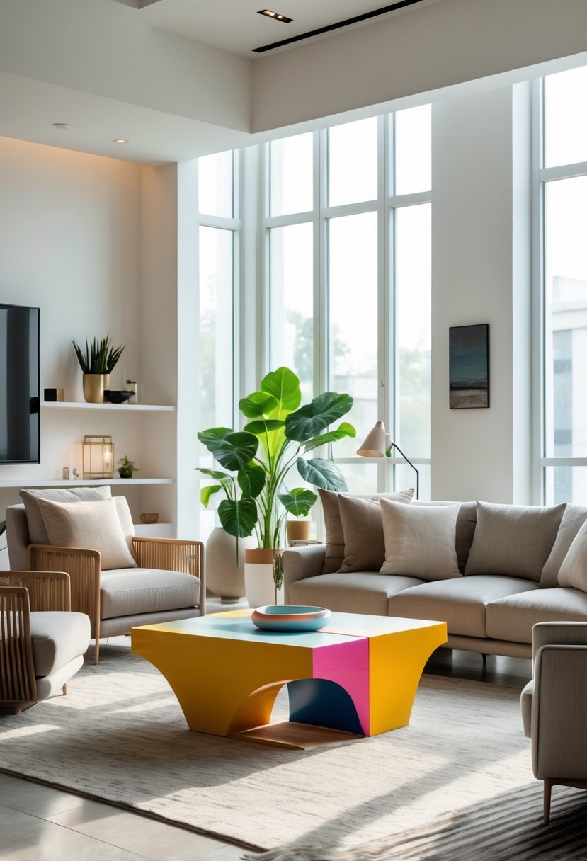 A living room with a distinctive coffee table in the center surrounded by sofas and natural light coming through large windows.