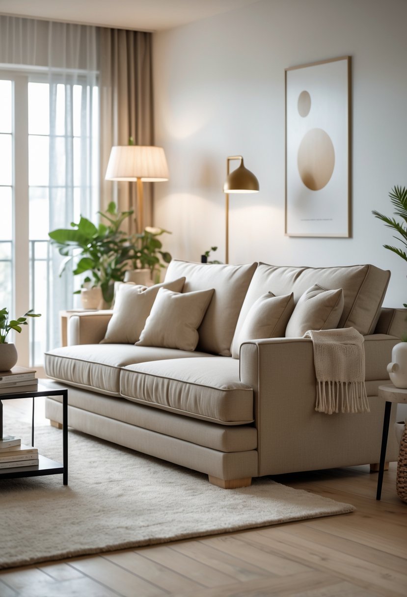 A living room with a spacious sofa, coffee table, floor lamp, and natural light coming through large windows.