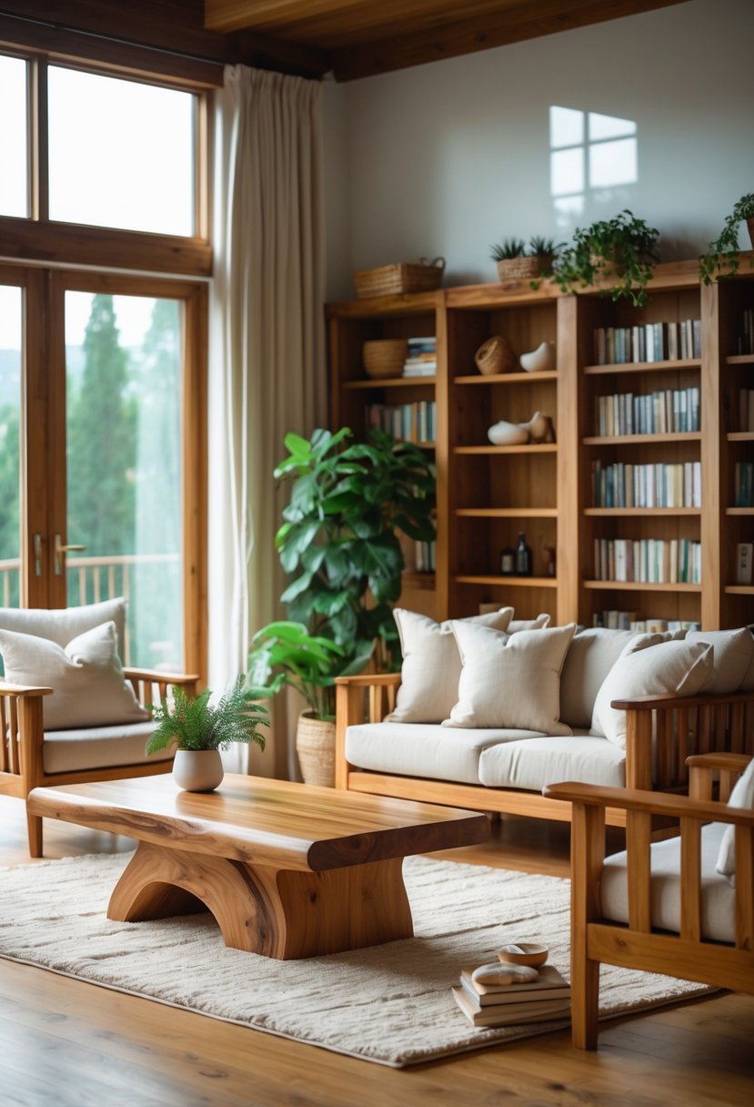 A living room with natural wood furniture, including a coffee table, bookshelf, and armchair, surrounded by cushions, plants, and natural light.