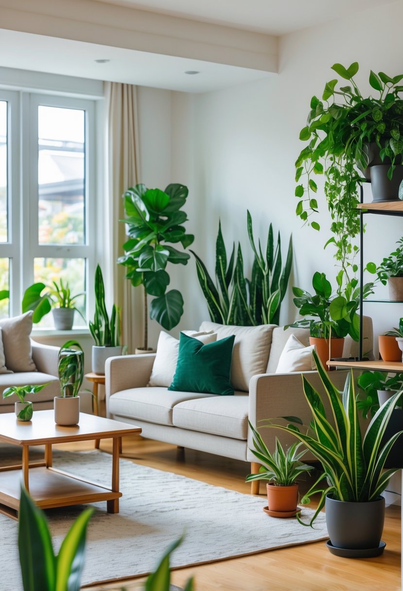 Living room with sofa, coffee table, and various green indoor plants placed around the space.