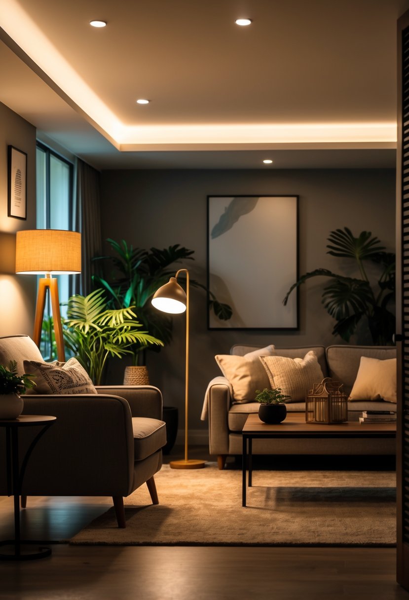 A living room with a floor lamp, table lamp, and overhead lights illuminating a sofa, coffee table, plants, and wall art.