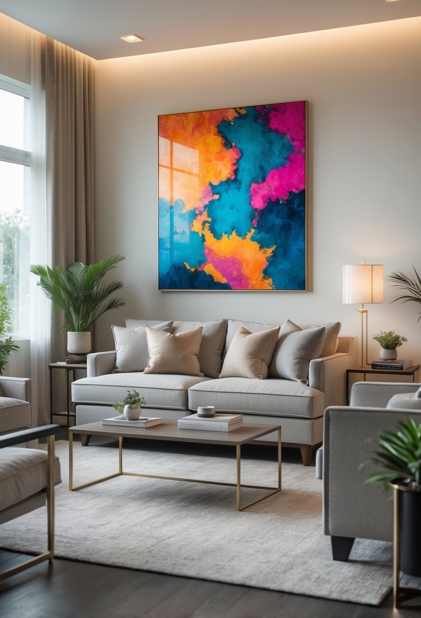 A living room with a sofa, coffee table, large abstract painting on the wall, and natural light coming through windows.