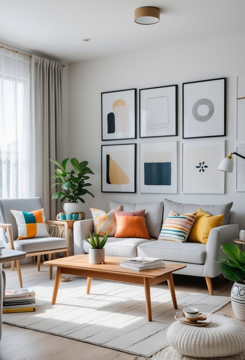 A modern living room with a gray sofa, colorful pillows, a wooden coffee table with a plant, framed artwork on the wall, a cozy armchair with a floor lamp, and large windows letting in natural light.