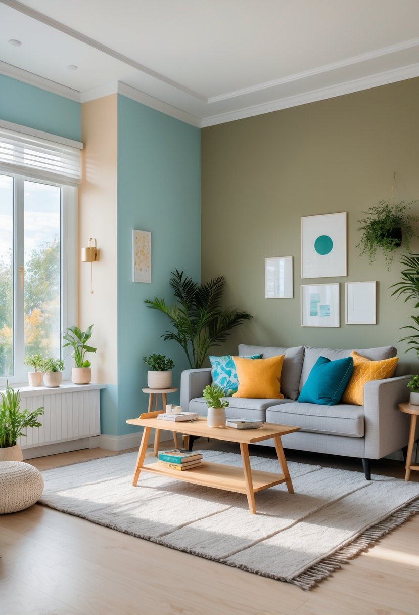A living room with different painted walls in soft blue, beige, and olive green, featuring a gray sofa, wooden coffee table, plants, and natural light.
