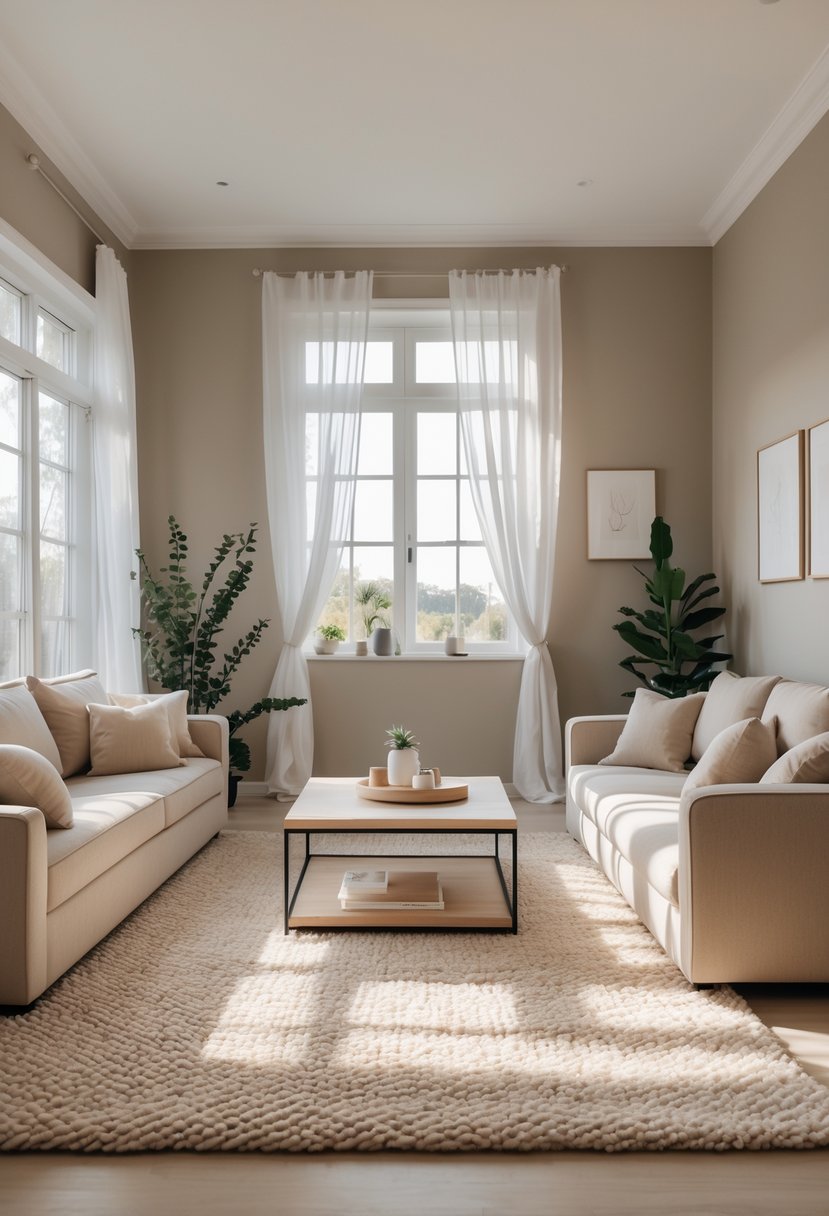 A bright living room with soft greige walls, a beige sofa, wooden coffee table, plants, and large windows letting in natural light.