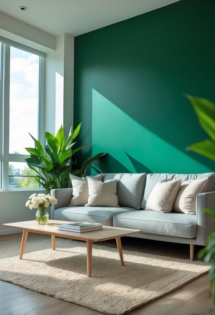 A living room with a deep emerald green painted wall, a gray sofa, wooden coffee table, indoor plant, and natural light from large windows.