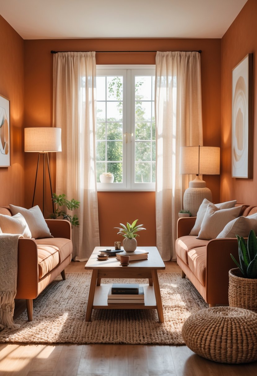 Cozy living room with warm terracotta painted walls, a sofa, coffee table, plants, and soft natural light.
