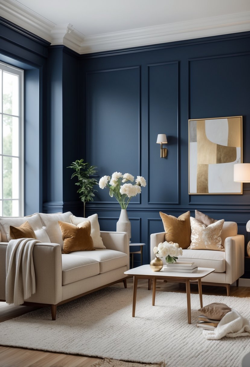 A living room with navy blue walls, a beige sofa, wooden coffee table, large windows, and soft natural lighting.