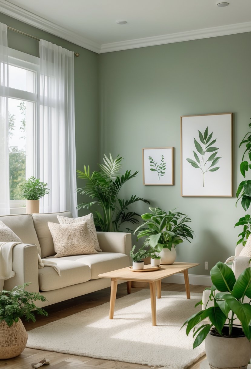 A calm living room with muted sage green walls, a beige sofa, wooden coffee table, plants, and natural light coming through windows.