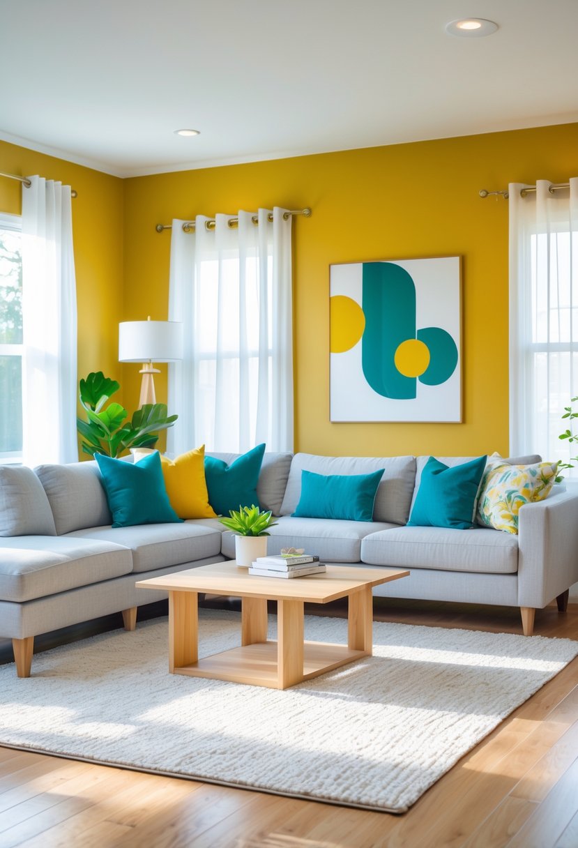 A bright living room painted mustard yellow with a gray sofa, coffee table, plants, and large windows letting in natural light.