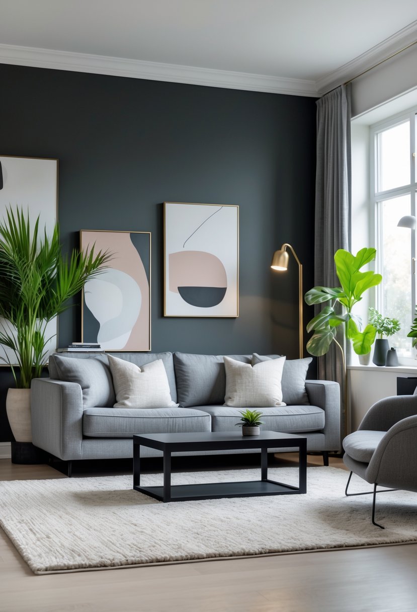 A modern living room with dark gray walls, a light gray sofa, a black coffee table, a green plant, and large windows letting in natural light.