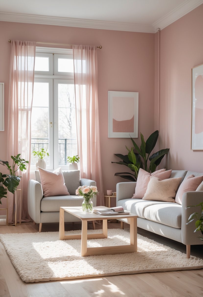 A living room with blush pink walls, a gray sofa, wooden coffee table, natural light from large windows, and green plants.