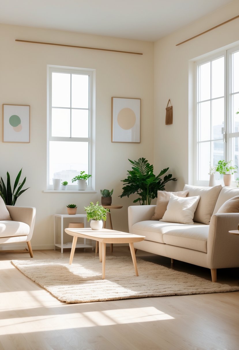 A bright living room with creamy off-white walls, a beige sofa, light wood furniture, green plants, and large windows letting in natural light.