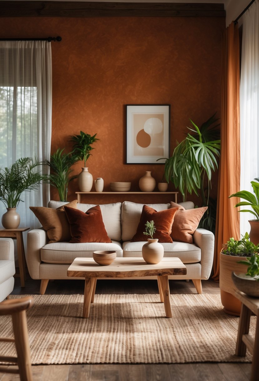 A living room with burnt orange walls, a beige sofa, wooden furniture, green plants, and soft natural light.