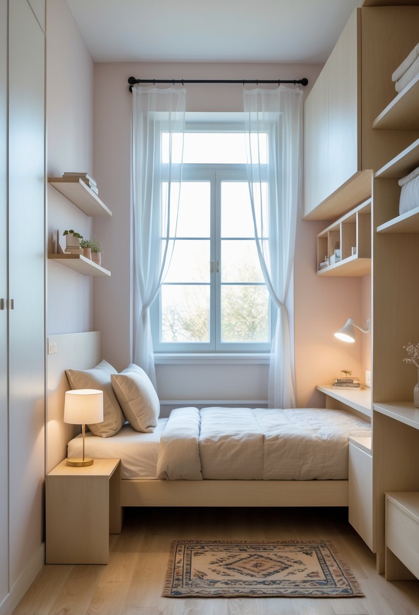 Small bedroom with a single bed, nightstand, window with curtains, wardrobe, and shelves, all arranged to maximize space.