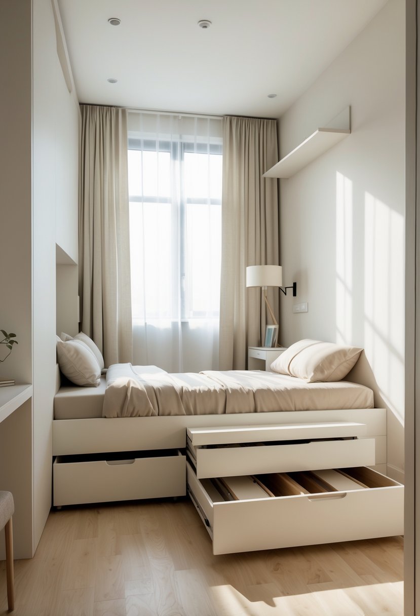 Small bedroom with a bed that has built-in drawers underneath, showing organized storage in a well-lit room.