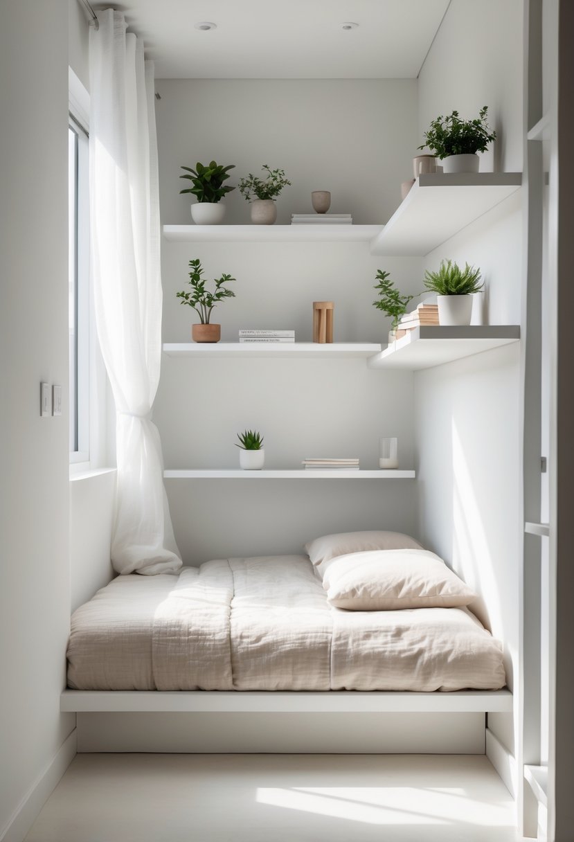 A small bedroom with floating shelves installed above the bed holding plants and books, creating more floor space.