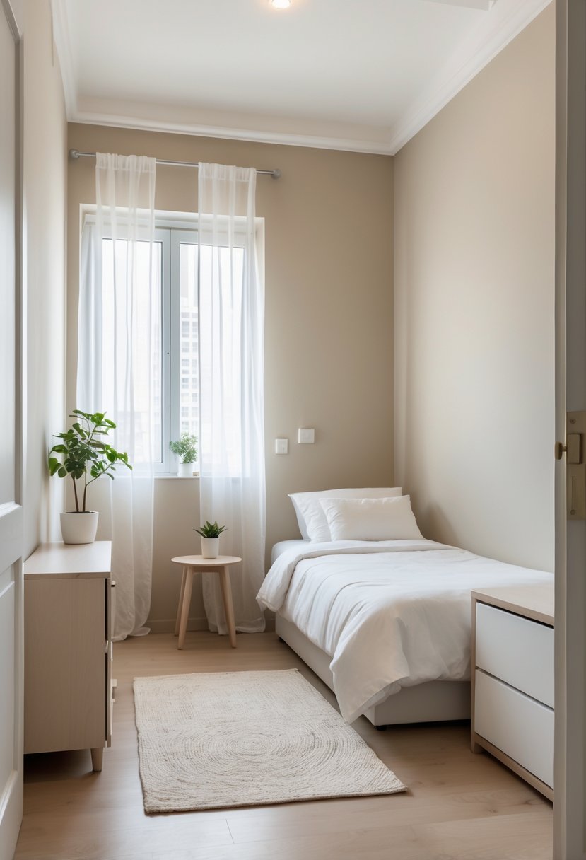 Small bedroom with light neutral walls, a bed, nightstand, window with sheer curtains, and natural light filling the room.