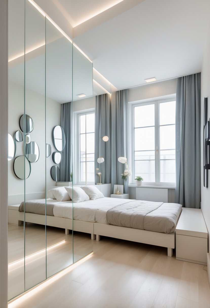 A small bedroom with a bed and several mirrors on the walls reflecting light to make the room appear larger.