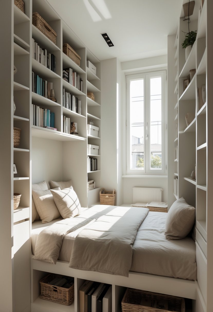 A small bedroom with tall bookcases filled with books and decor, a neatly made bed, and natural light coming through a window.