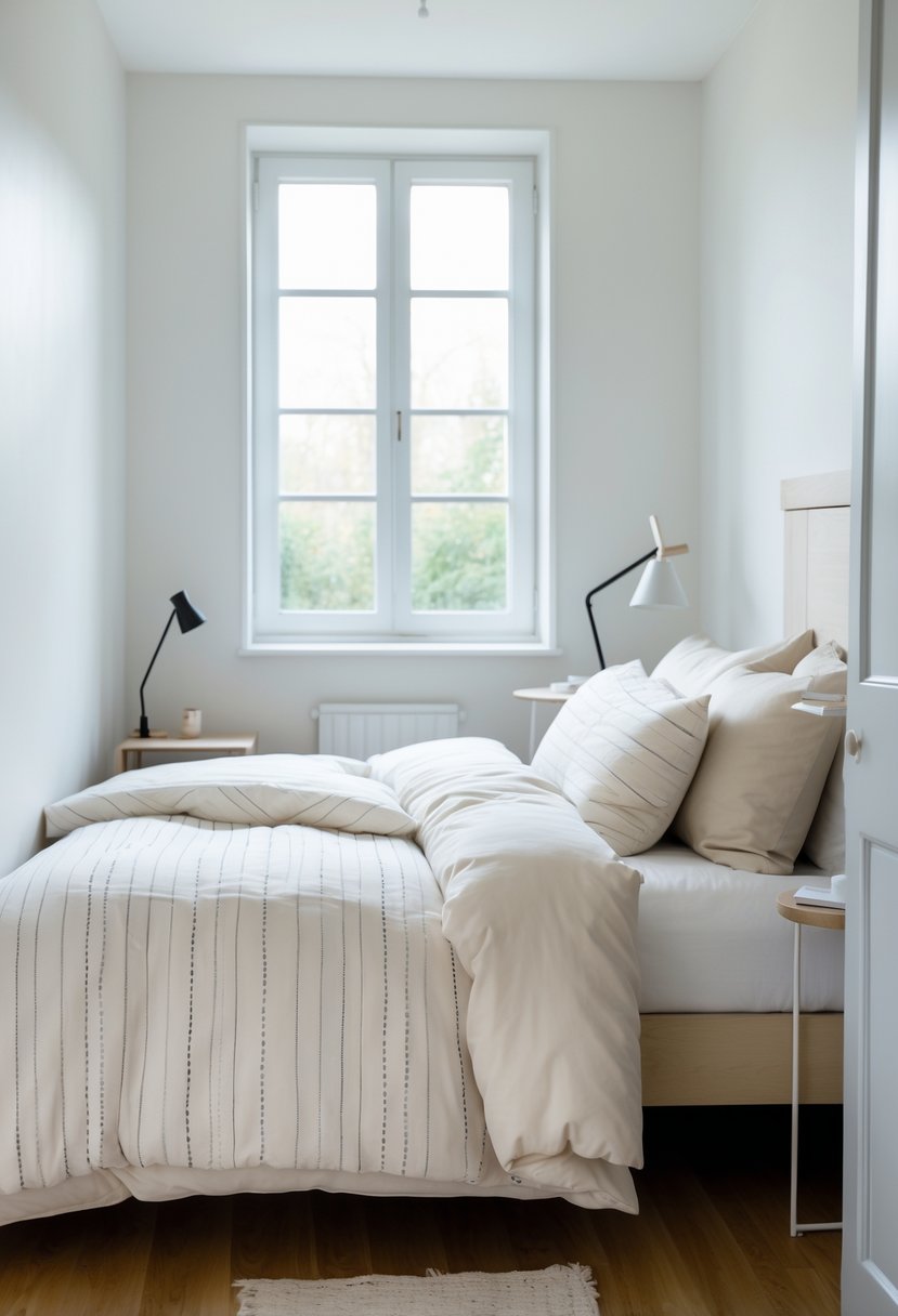 A small bedroom with a neatly made bed featuring simple patterned bedding and minimal furniture, illuminated by natural light.