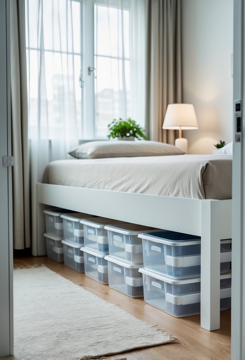 A small bedroom with a bed showing clear storage bins neatly placed under it for extra organization.
