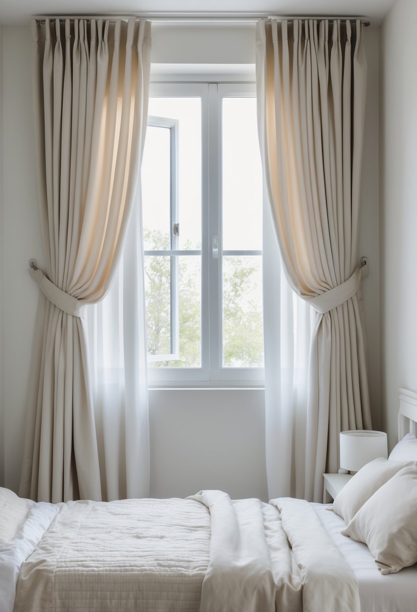Small bedroom with curtains hung close to the ceiling above a window, letting in natural light and making the window look larger.