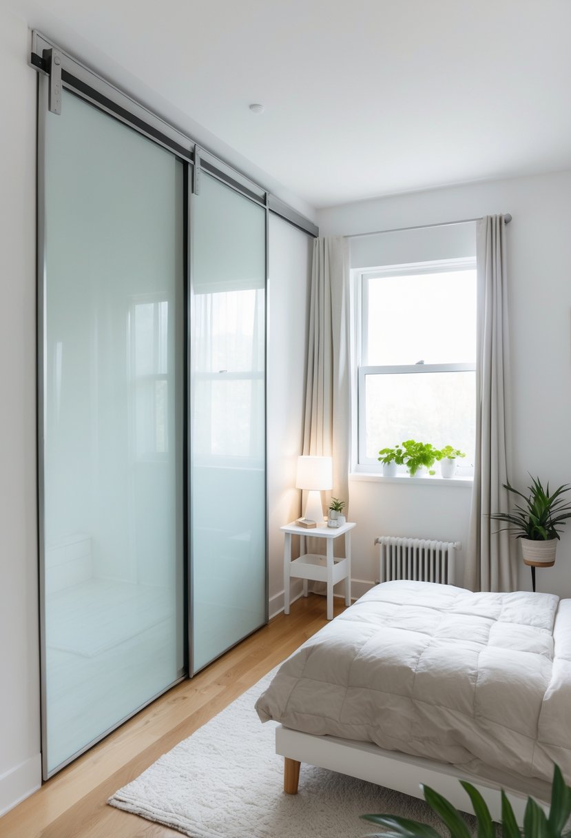 Small bedroom with sliding closet doors, a bed, bedside table, and natural light coming through a window.