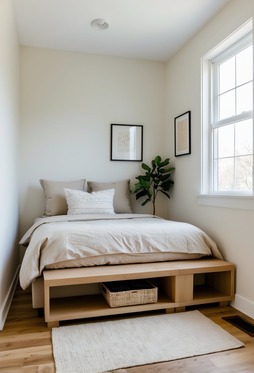 A small bedroom with a bed and a compact storage bench placed at the foot of the bed.